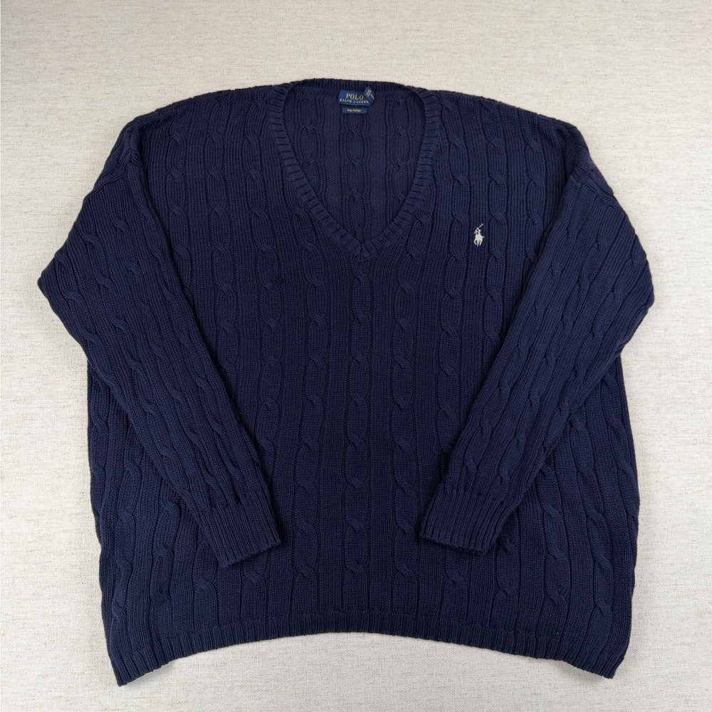 Polo Ralph Lauren Mens XL Navy Blue Pima Cotton Cable Knit V-Neck Sweater